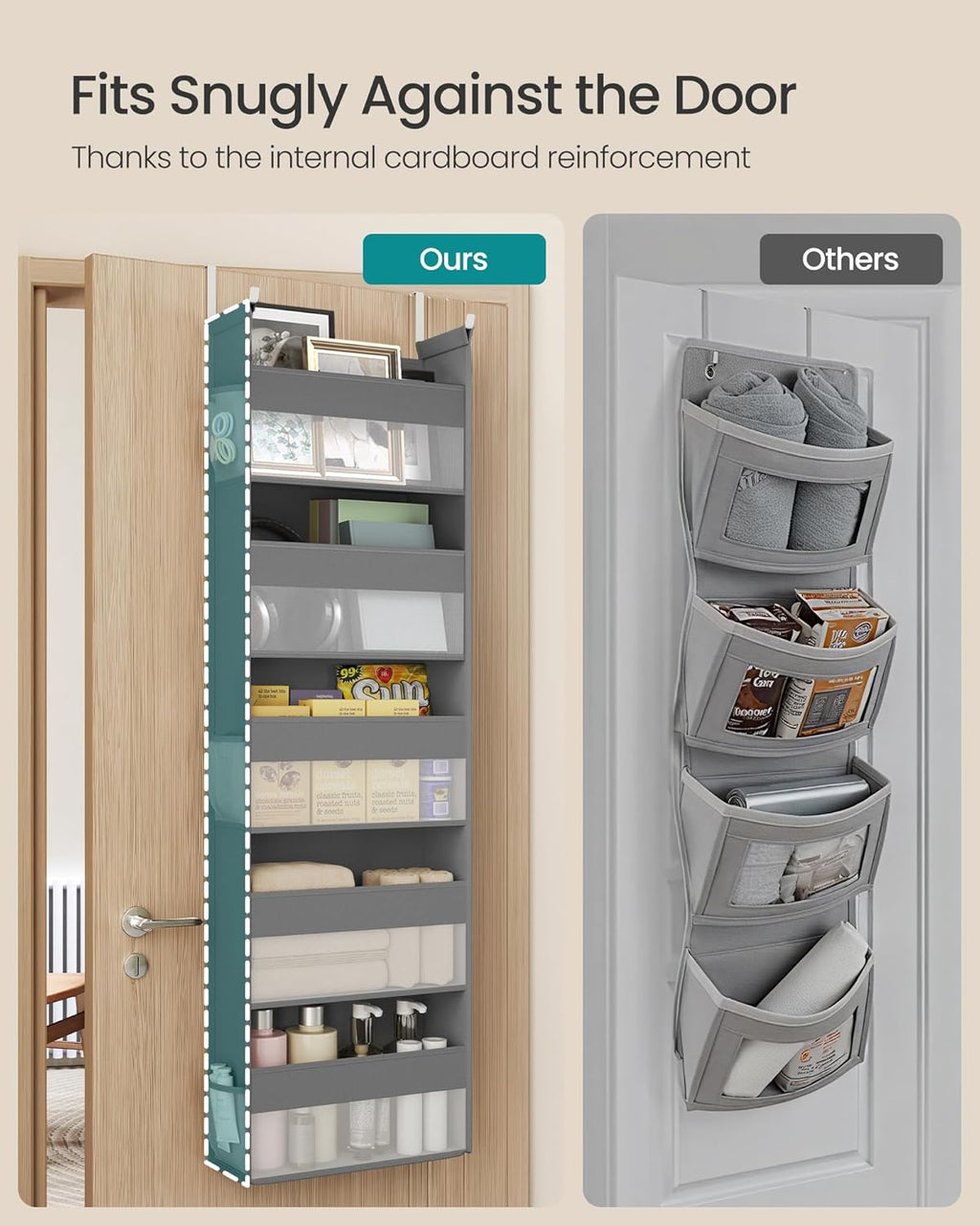 SONGMICS Over The Door Organizers, Set of 2 Hanging Door Organizers with 5 Large Pockets, 5-Tier Fabric Storage, Transparent Nylon Mesh, Foldable, Metal Hooks, with Side Pouches, Dove Gray URDH008G01
