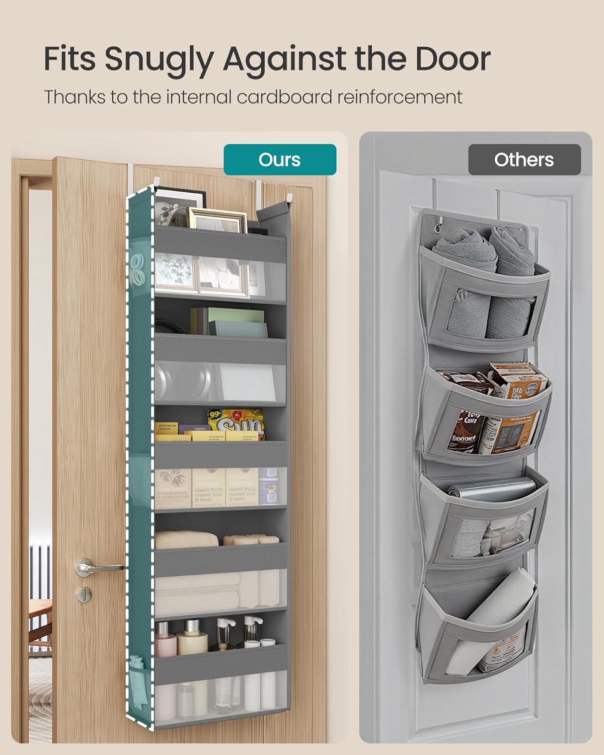 SONGMICS Over The Door Organizers, Set of 2 Hanging Door Organizers with 5 Large Pockets, 5-Tier Fabric Storage, Transparent Nylon Mesh, Foldable, Metal Hooks, with Side Pouches, Dove Gray URDH008G01