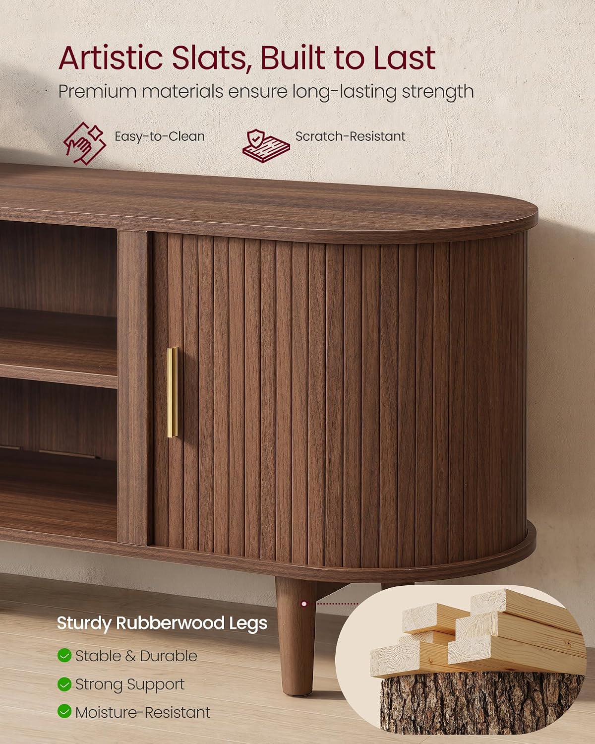 VASAGLE TV Stand for 65-Inch TVs, Mid Century Entertainment Center with Storage, Fluted Sliding Doors, Media Console Table for Living Room, Bedroom, Chestnut Walnut ULTV633K101