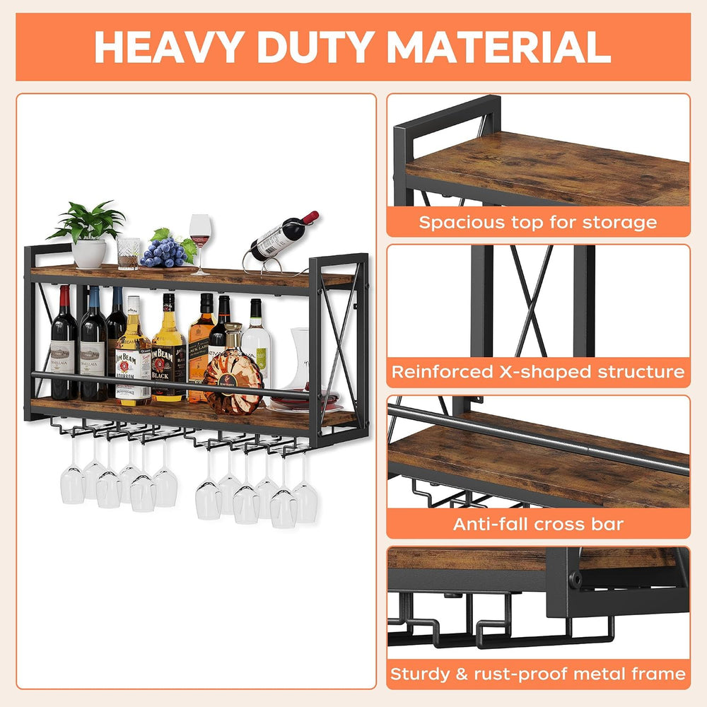 Homeiju Wall Mounted Wine Rack, Bottle & Glass Holder Wood-Metal Retro Wi...