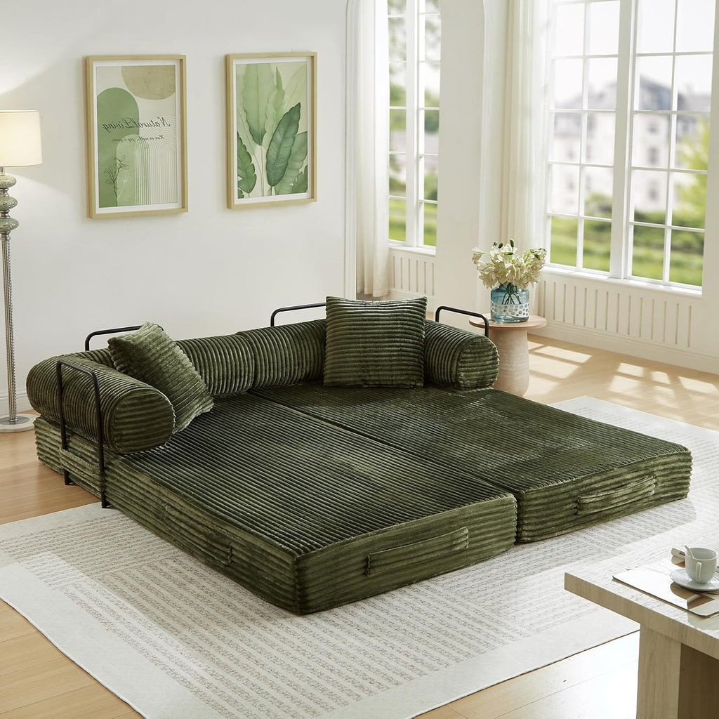 Antetek Modular Couch Bed, Convertible Folding Plush Corduroy Comfy Floor Compression Loveseat Sleeper Sofa Couch, King Size Bed for Guest Room Living Room Bedroom, No Assembly Required, Green