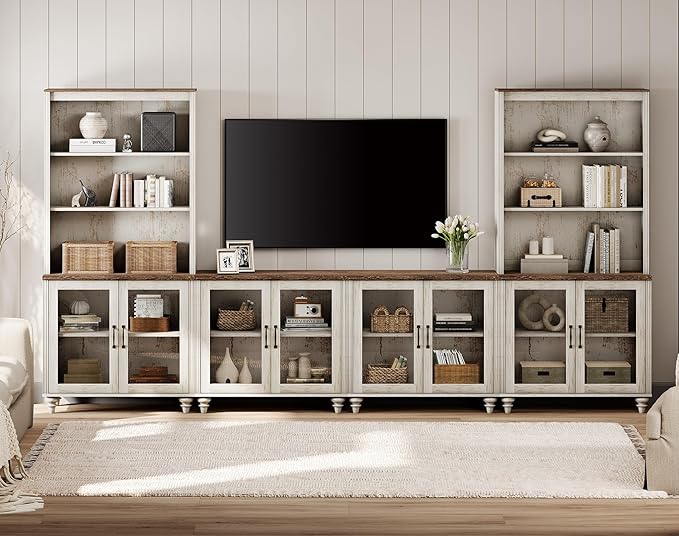 WAMPAT Entertainment Center with Bookshelves for TVs up to 75", Farmhouse Wall Unit TV Stand with Glass Doors, Media Console Table for Living Room, Bedroom & Home Theater, Rustic White