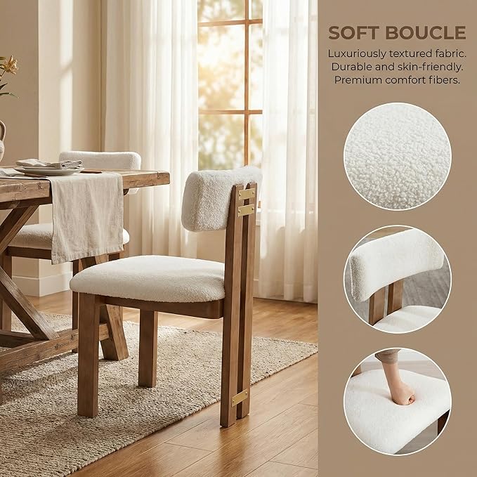 HNY Modern Farmhouse Boucle Dining Chairs Set of 4, White Sherpa Fabric Upholstered Dining Room Kitchen Chairs with Natural Wood Frame & Curved-Back, Armless Accent Wood Chairs for Dining Living Room
