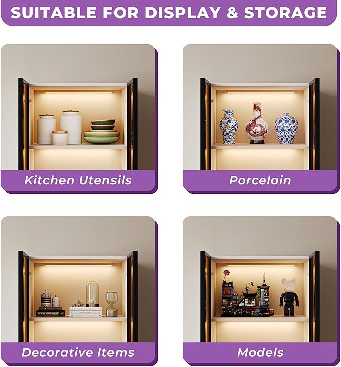 Modern White Lighted Glass Display Cabinet with Two Drawers, Dining China Hutch with 3 Tiers Storage Shelves, Wooden Curio Display Showcase for Living Room Kitchen (A-23'' Glass Cabinet)