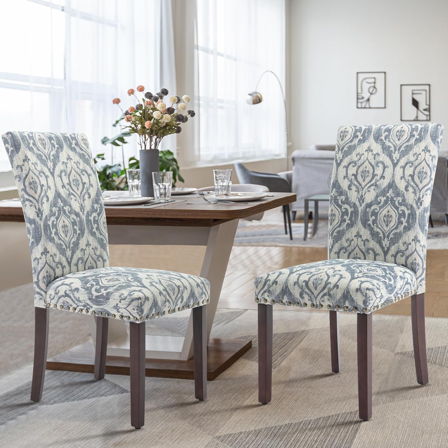 COLAMY Upholstered Parsons Dining Chairs Set of 4, Fabric Dining Room Kitchen Side Chair with Nailhead Trim and Wood Legs - Blue/White Flower