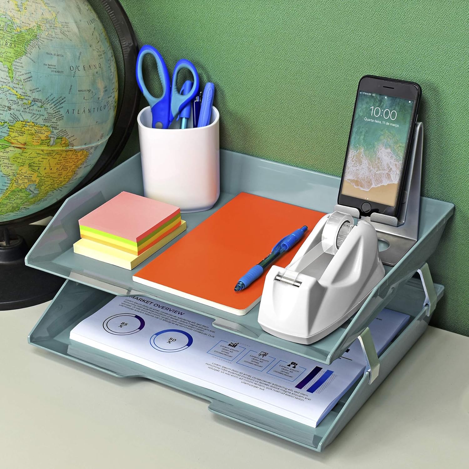 Acrimet Facility 2 Tier Letter Tray, Side Load, Letter Size/A4, Desktop File Organizer, Plastic (Solid Green Color)