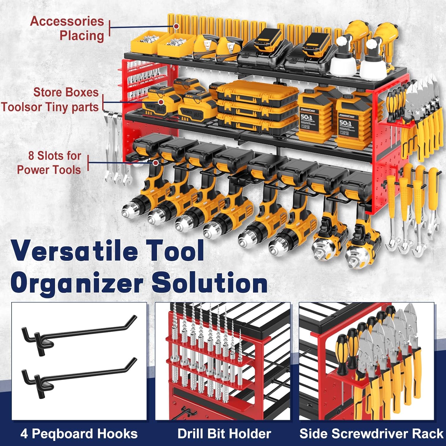 Power Tool Organizer Wall Mount, 300Lbs Load 3 Layer Heavy Duty Metal Tool Shelf with 8 Drill Holders, Garage Workshop Storage for Cordless Tools Batteries Screwdrivers(Red)