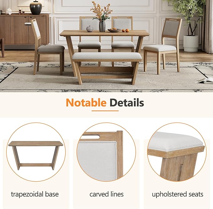 Merax 6-Piece Retro Dining Set, 1 Rectangular Table with Stable Trapezoidal Table Base and 4 Upholstered Chairs and 1 Bench for Dining Room and Kitchen, Natural Wood Wash