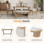 Merax 6-Piece Retro Dining Set, 1 Rectangular Table with Stable Trapezoidal Table Base and 4 Upholstered Chairs and 1 Bench for Dining Room and Kitchen, Natural Wood Wash