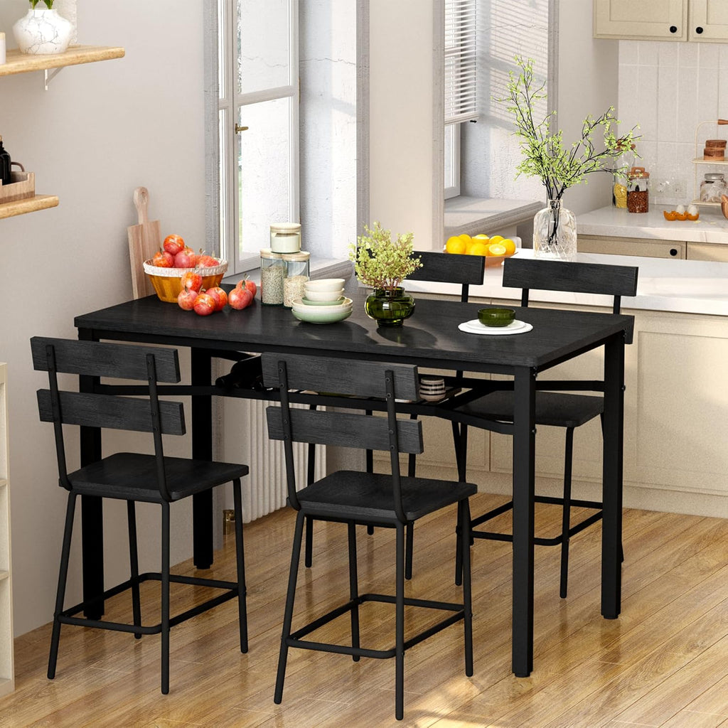 Hooseng 5-Piece Dining Table Set for 4, Counter Height Kitchen Table & 4 Bar Stools, Hightop Bar Table and Chairs Set with Storage, Farmhouse Small Dinette Set for Pub, Dining Room, Small Space