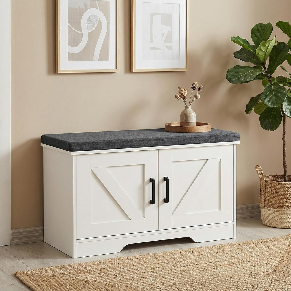 HOMSHO Farmhouse Shoe Storage Bench with 2 Barn Doors & Padded Seat Cushi...