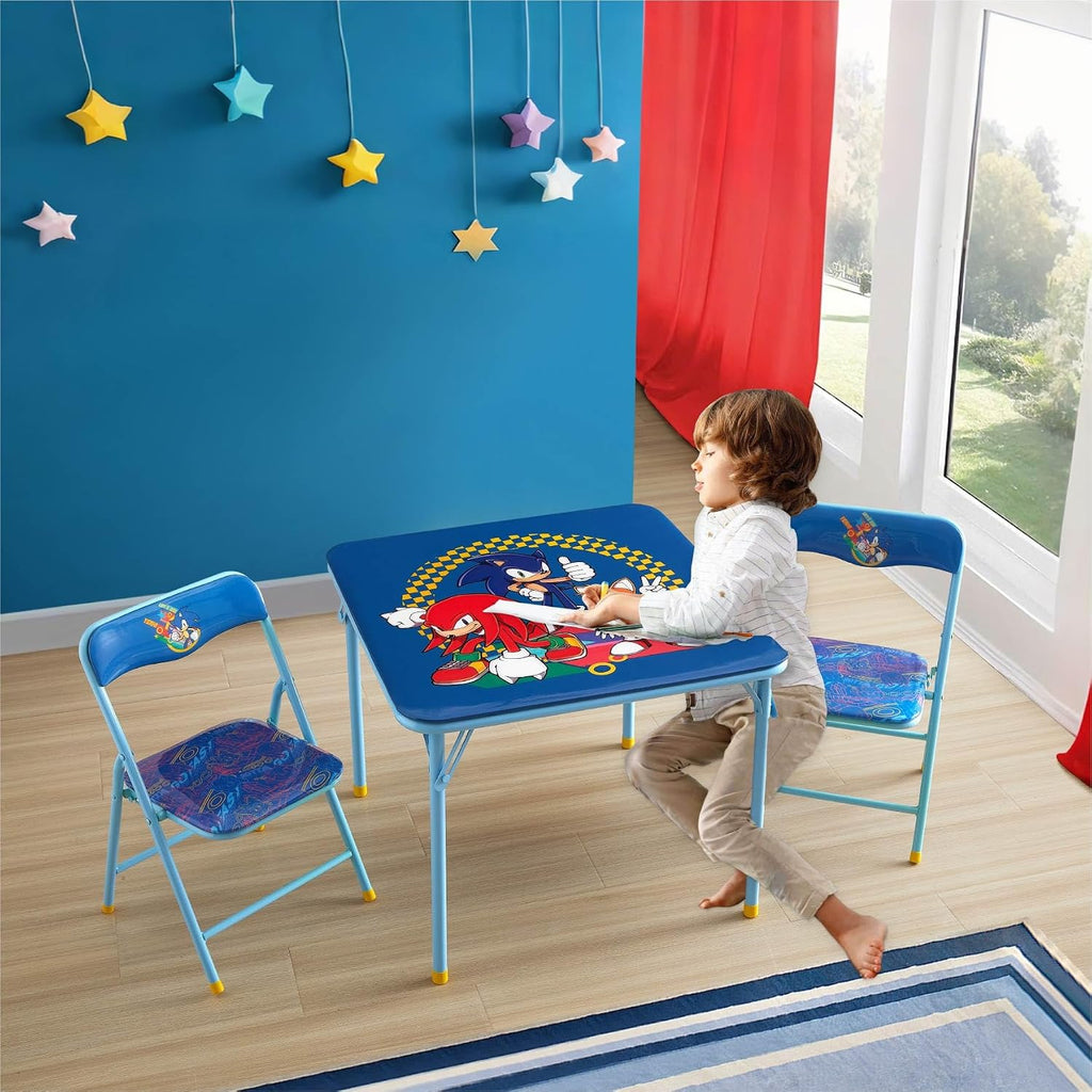 Sega Sonic The Hedgehog Kids Table and Chair Set, 3-Piece Square Table with 2 Folding Chairs for Playroom & Activities