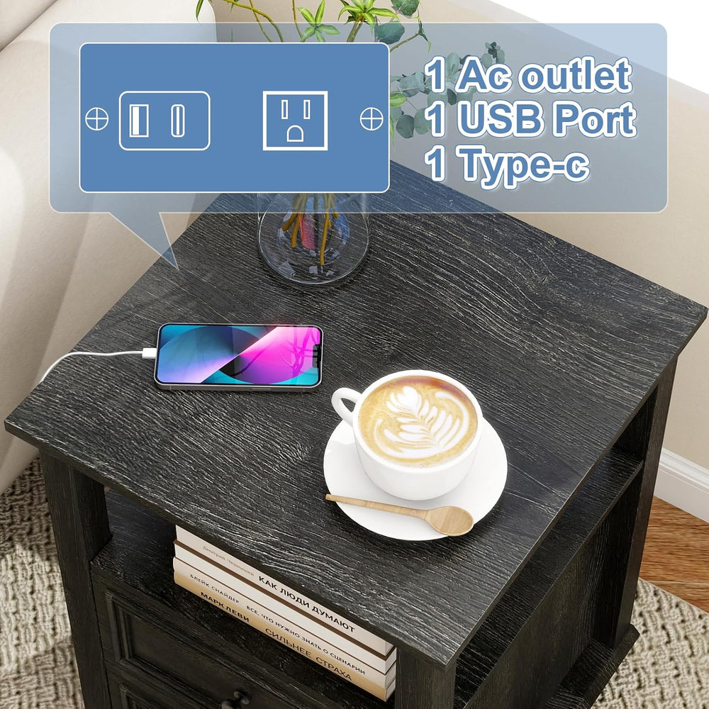 MUUEGM Night Stand with Charging Station, Dark Rustic Nightstands 18 Inch Bed...