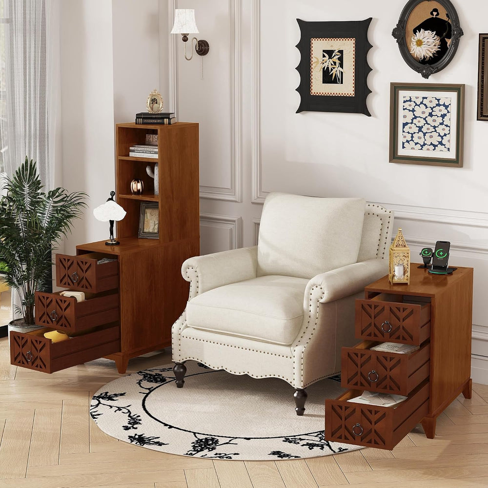 End Table with 3 Drawers and 2 Open Shelves, Walnut Finish Corner Table for B...