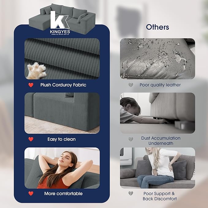 KINGYES 107'' Modular Sectional Sofa, L Shaped Cloud Couch for Living Room, Modern Boneless Sofa with Chaise for Bedroom, Light Gray