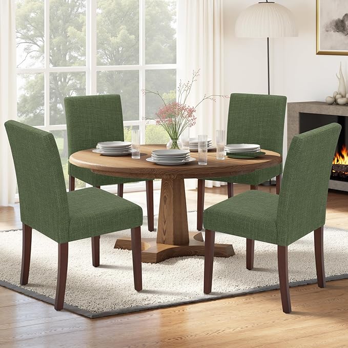 Upholstered Dining Chairs Set of 2 - Line Fabric Modern Farmhouse Kitchen Chairs,Mid-Back Dining Room Chairs with Wooden Legs