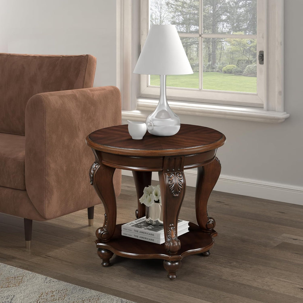 22'' Retro Round End Table,Solid Wood Sofa Side Table with Shelf,Livi...