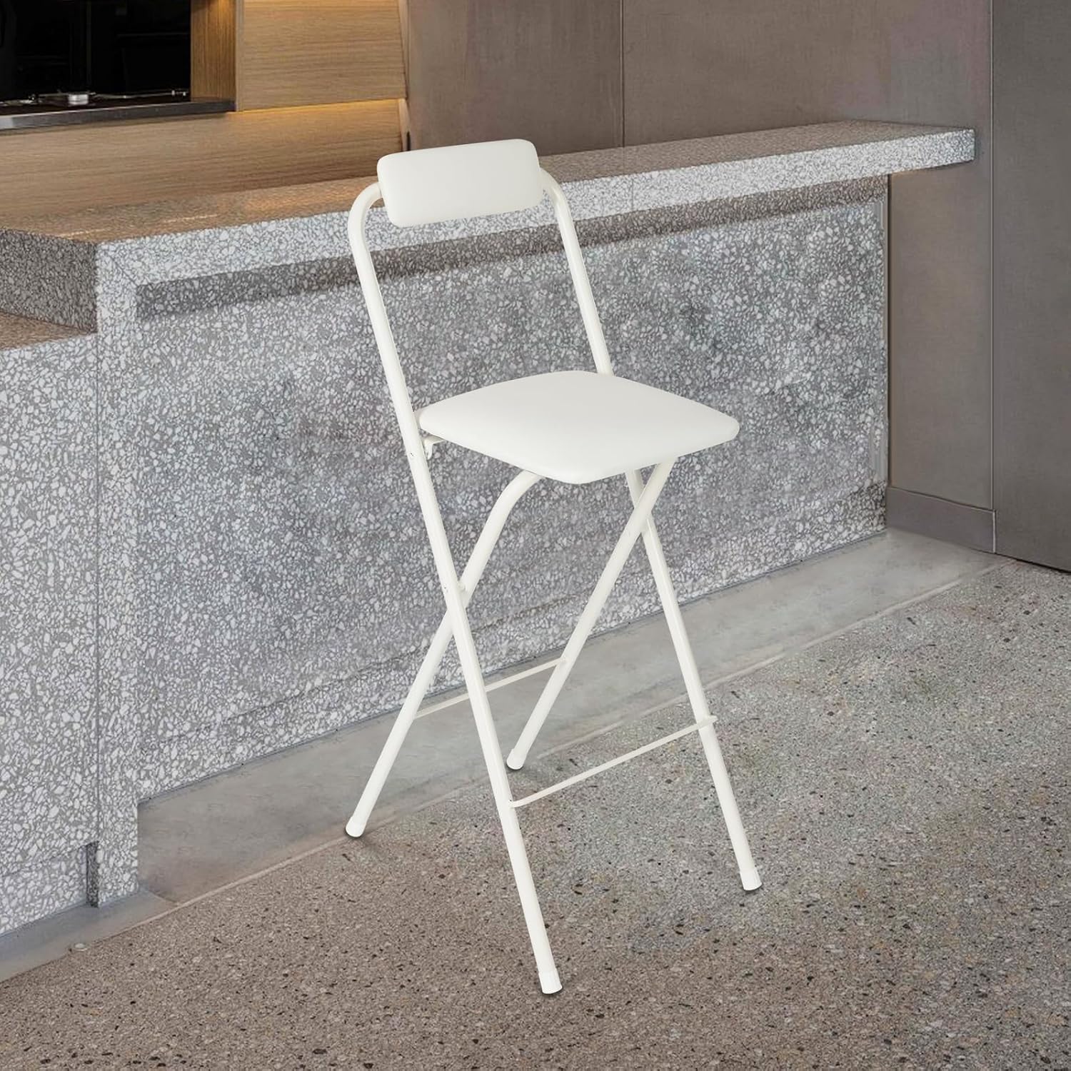 70cm Tall Adjustable Folding Bar Stool with Backrest - Portable Foldable Stool Chair for Kitchen, Outdoor & Commercial Use (1-Pack, Space Saving Design)‌ (White)