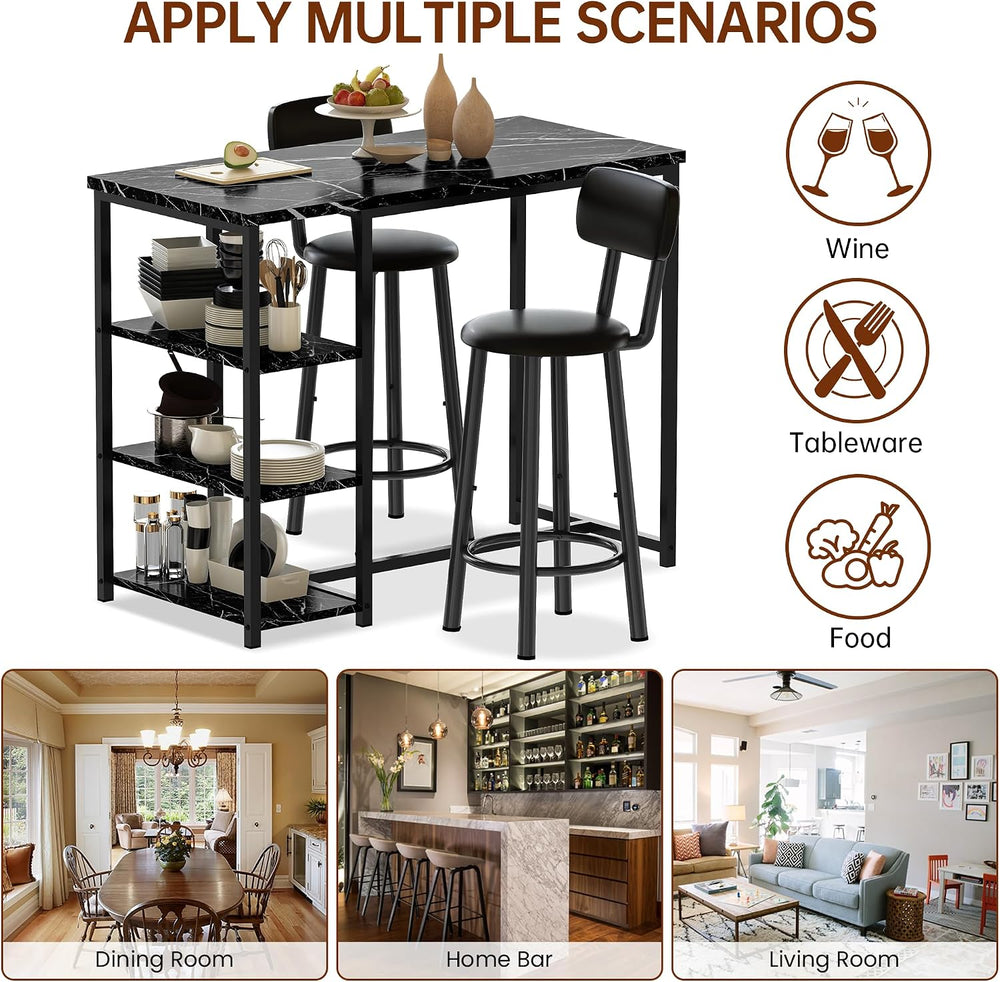 Recaceik Pub Dining Table Set for 2, Table and Bar Stools with 3 Storage Shel...