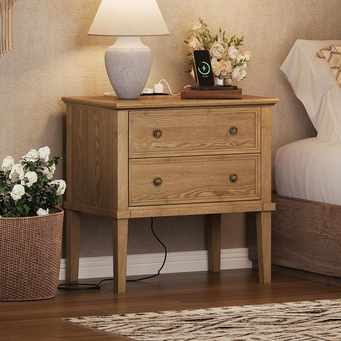 IKENO Solid Wood Nightstand with Charging Station, Wooden End Table with 2 Solid Wood Drawers, Farmhouse Style Side Table, Suitable for Bedroom, Teak