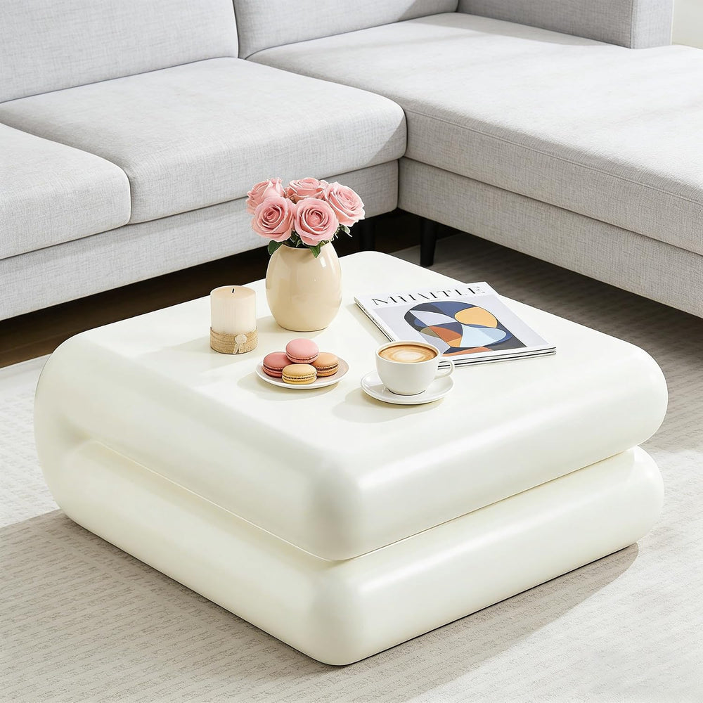 31.5" Modern White Coffee Table, Stone Coffee Table, Square Minimalist C...
