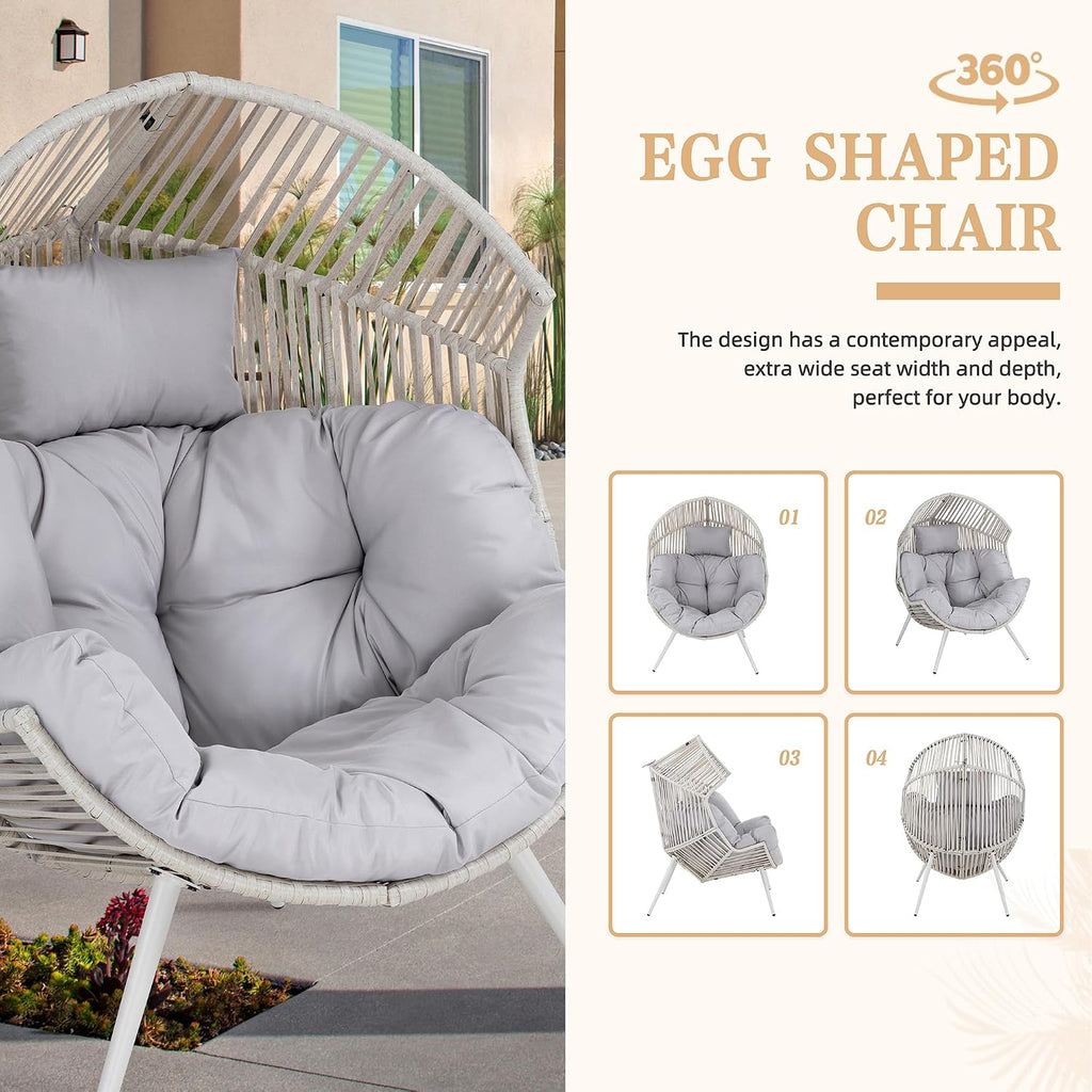 Vongrasig Outdoor Wicker Egg Chair PE Rattan Chair with Cushion, Oversized Patio Lounge Chair for Outdoor, Indoor, Balcony, Backyard, Garden, Grey/Beige Rattan