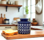 Butter Crock with Lid for Countertop, Butter Keeper Crock with Water, French Butter Dish Ceramic, Butter Holder with Lid for Spreadable Butter, Butter Container for Counter (Blue Fleur, Navy)