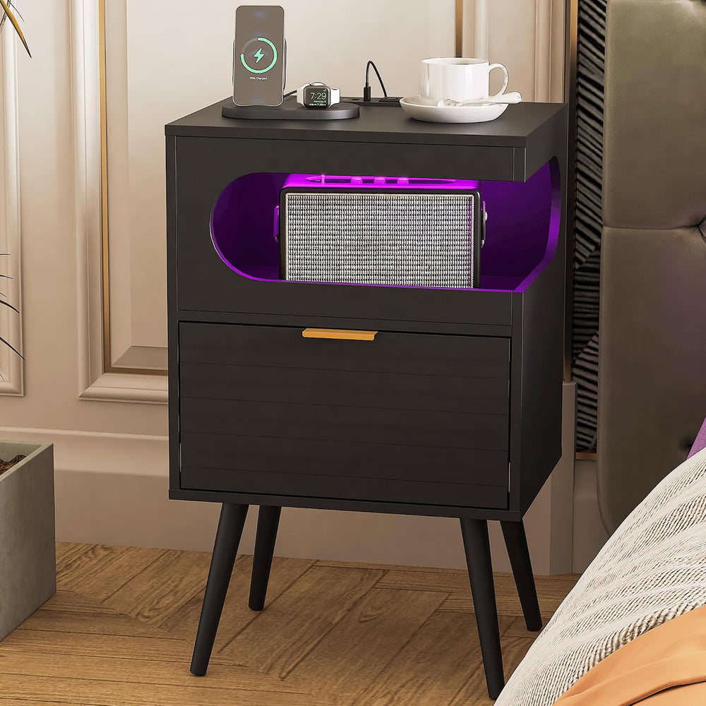 Veegle Nightstand,Modern Bedside Table with Storage Drawer and Open Wood Shel...
