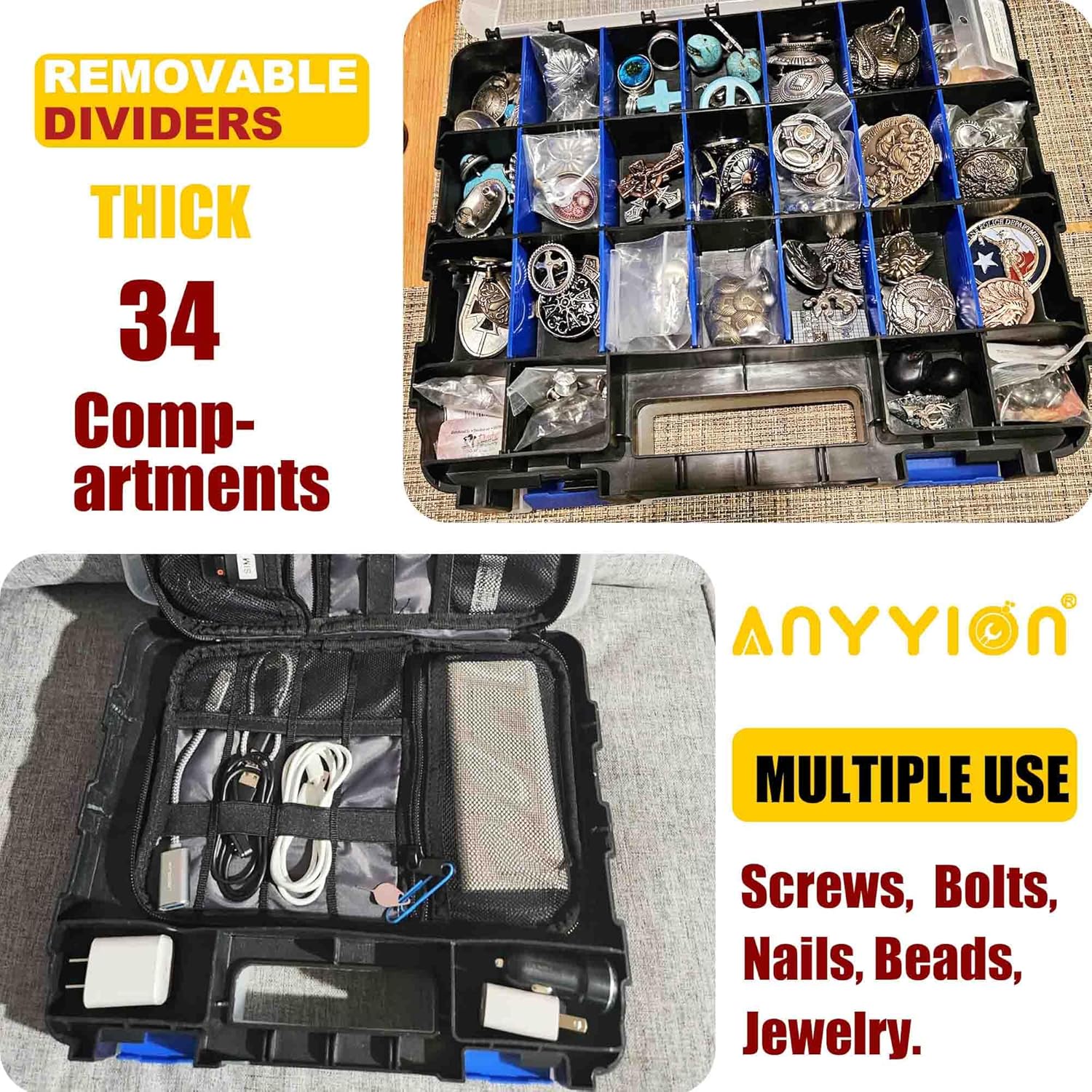 Anyyion Small Parts Organizer, 34-Compartments Double Side parts organizer with Removable Dividers for Hardware, Screws, Bolts, Nails, Beads, Jewelry. (1, Blue)