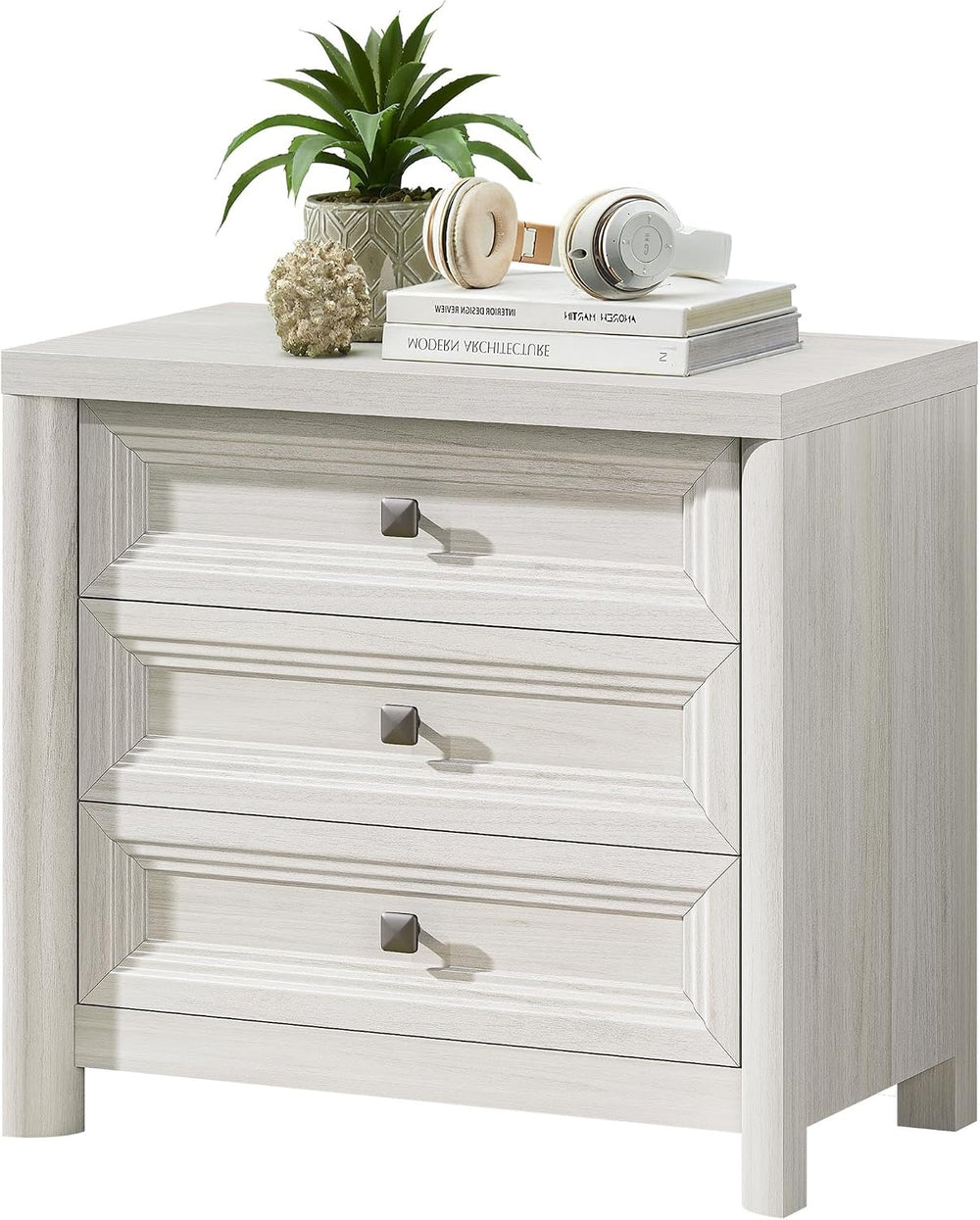 White Nightstand with 3 Drawers, Wood Night Stand with Metal Knobs, Farmhouse...