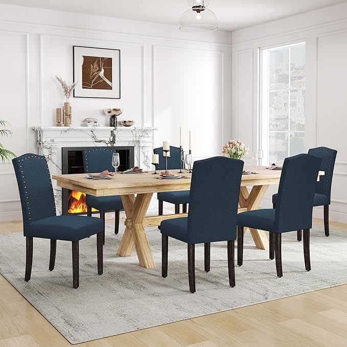 LSSPAID Dining Chairs Set of 6, Modern Comfy Linen Upholstered Parsons Dining Room Chairs with Bronze Nail Head Trim and Brushed Solid Wood Legs,Teal