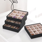 BEWISHOME Jewelry Organizer Tray Stackable Earring Storage Trays with Lid for Dresser and Drawer 32 Slots for Rings, Earrings, Necklaces, Bracelets and Watches Set of 4 Black SSH81B
