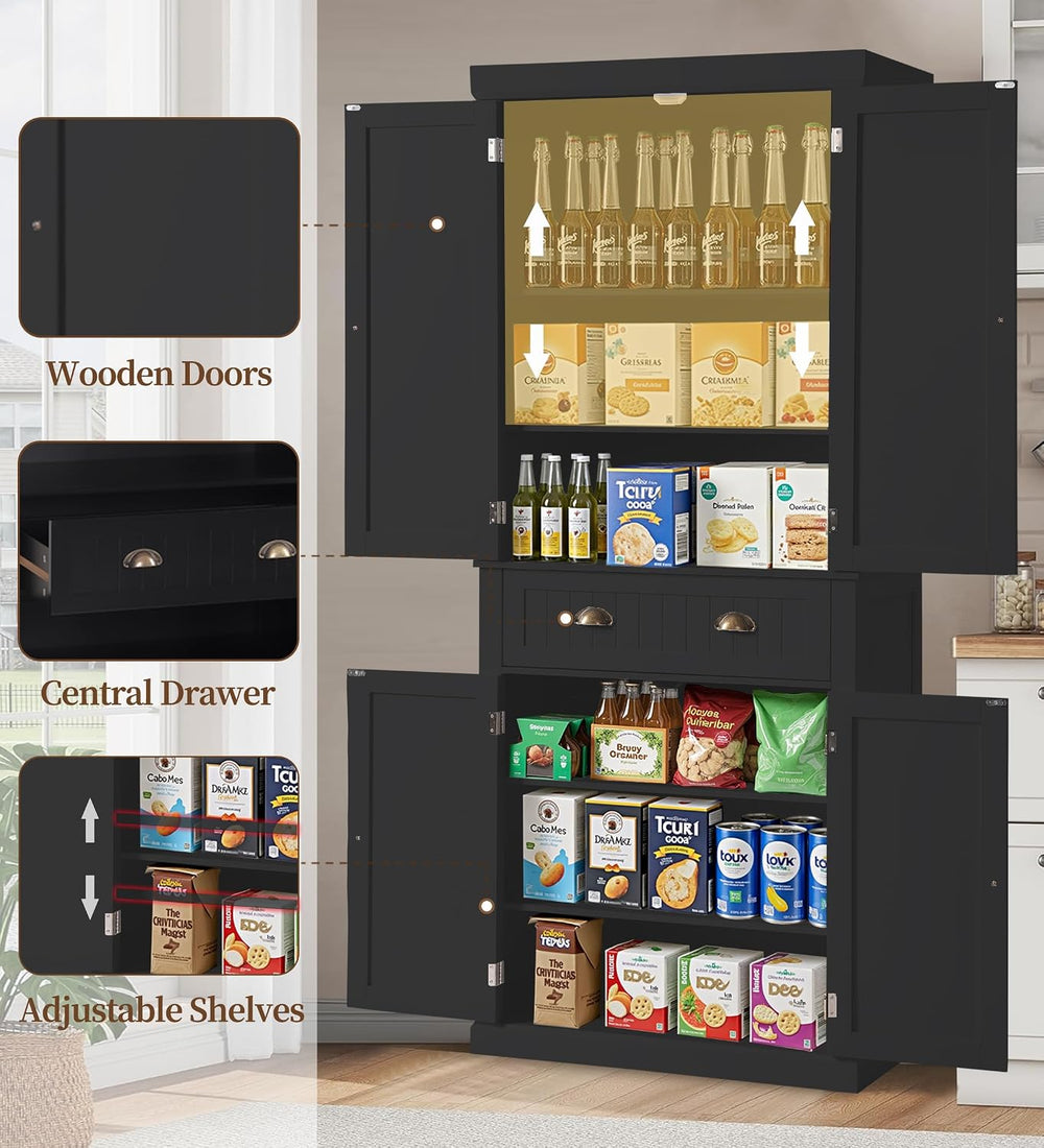 KIGOTY 72" Tall Kitchen Pantry Cabinet with Drawer and 4 Adjustable Shel...
