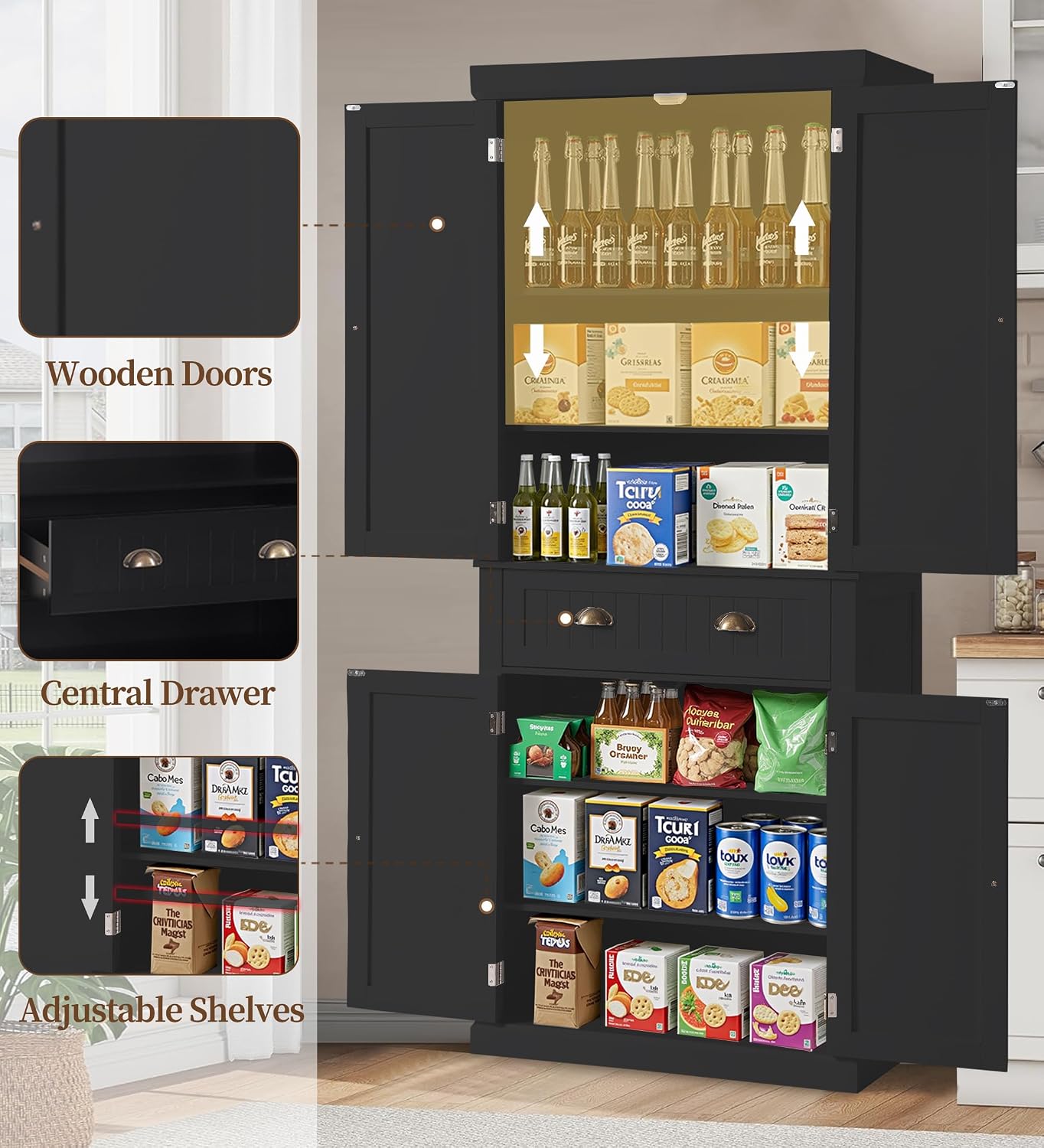 KIGOTY 72" Tall Kitchen Pantry Cabinet with Drawer and 4 Adjustable Shelves, Freestanding Pantry Storage Cabinets, Wood Cupboard Pantry Cabinet for Kitchen, Dining Room, Living Room, Black