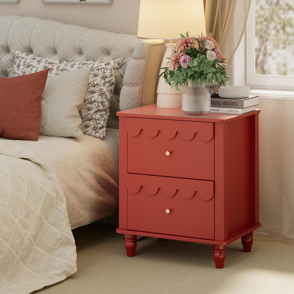 Anbuy Red Nightstand with Petal Pattern, Modern Night Stand with 2 Drawers fo...
