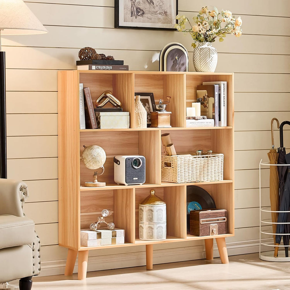 LEYAOYAO Wooden 8 Cube Book Shelf, Natural 3 Tier Bookshelf with Legs, Modern...