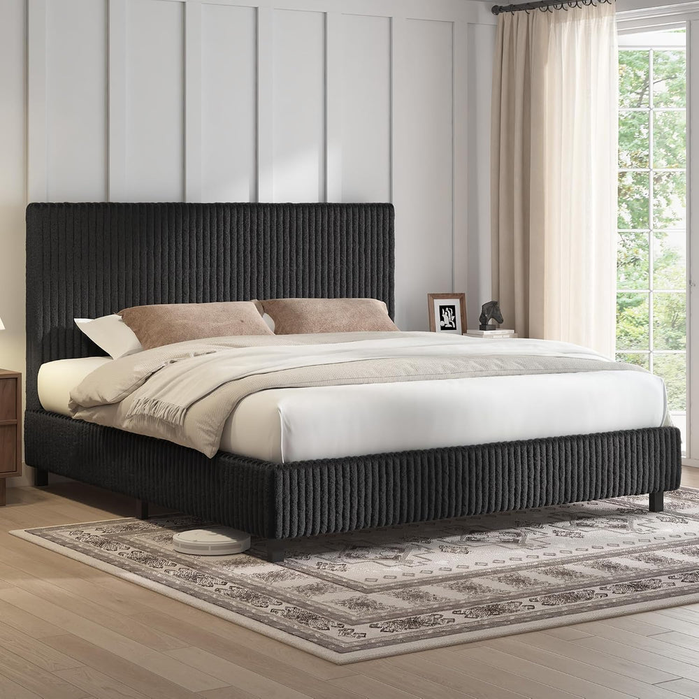 AMERLIFE Queen Bed Frame, Upholstered Metal Platform Bed, Black