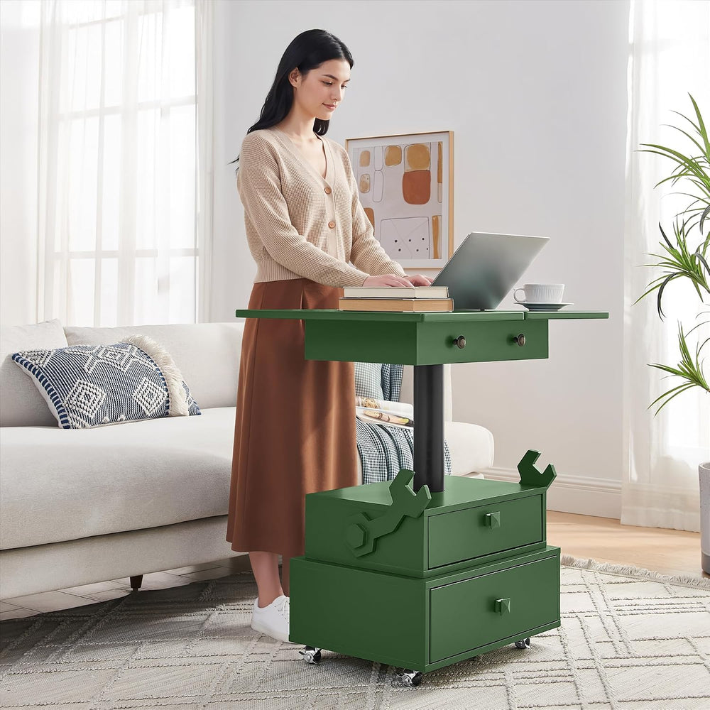 High Gloss Rolling Lift Top End Table with Charging Station, Height Adjustabl...