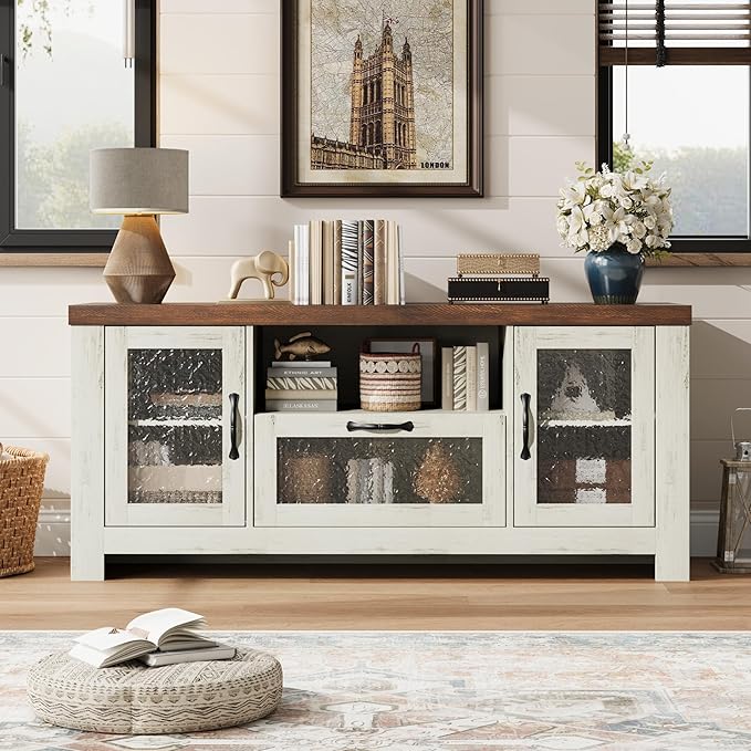 Garvee Farmhouse TV Stand for 55 Inch TV, Entertainment Center with Acrylic Door & Adjustable Shelves, Sideboard Buffet Storage Cabinet for Living Room Bedroom, White & Brown