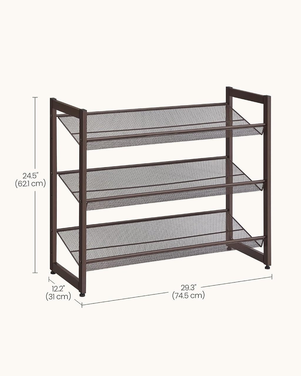 SONGMICS HOME 3-Tier Stackable Shoe Rack, Metal Shoe Organizer for Closet, Entryway, Garage, Flat or Slanted Mesh Shelves, Brown