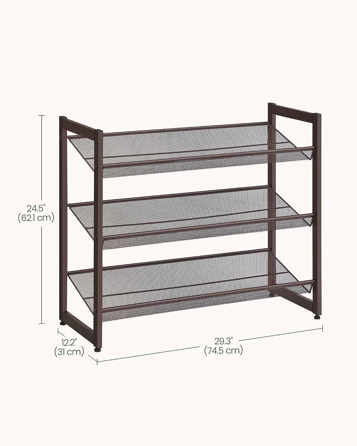 SONGMICS HOME 3-Tier Stackable Shoe Rack, Metal Shoe Organizer for Closet, Entryway, Garage, Flat or Slanted Mesh Shelves, Brown