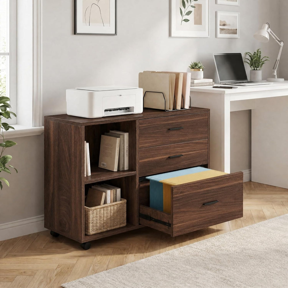 Tribesigns 39 in. Wooden Filing Cabinet with Open Storage Shelves and 3 Drawe...