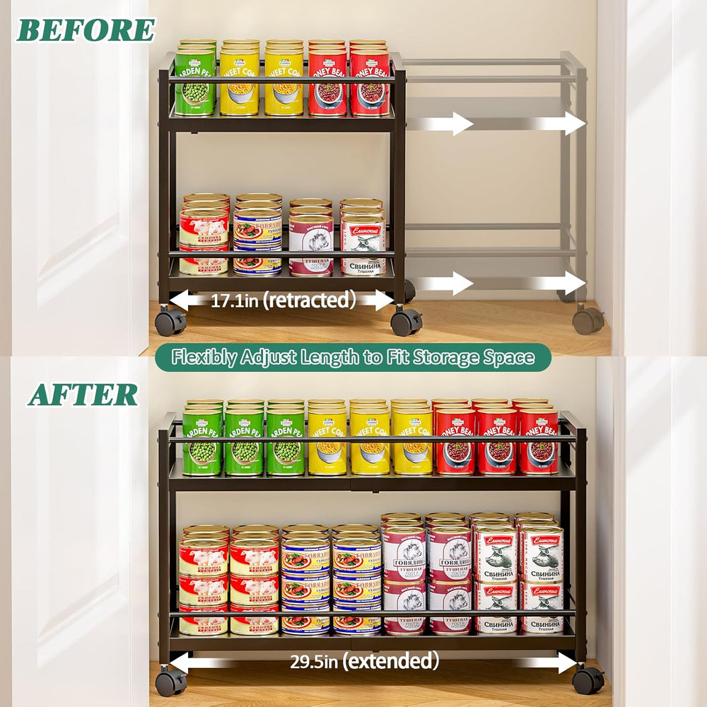 2-Tier Expandable Rolling Pantry Cart with Wheels, Adjustable Floor Organizer...