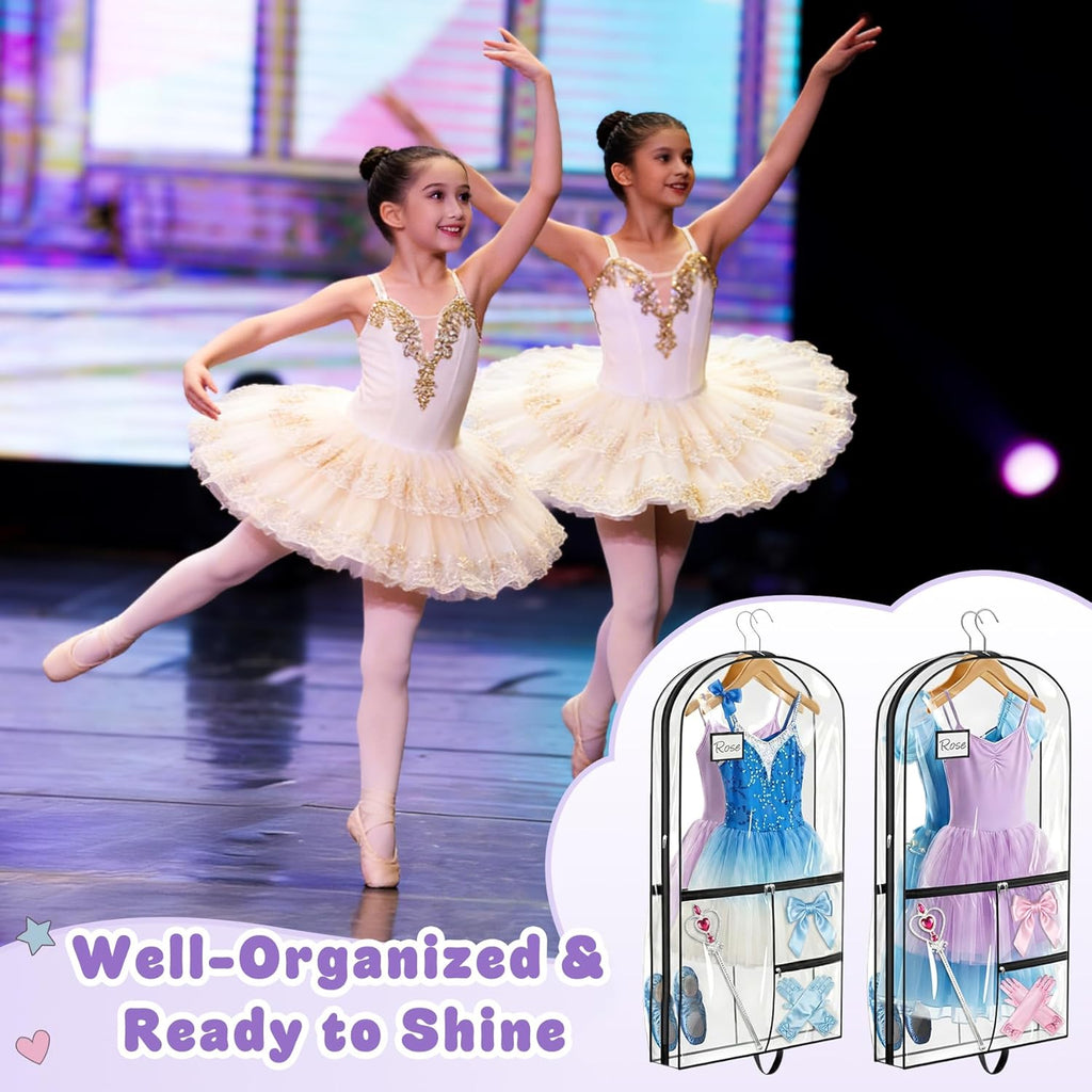 SLEEPING LAMB Dual-sided 6 Pockets Dance Garment Bags for Dancers, 40" Clear Kids Dance Costume Bag for Dance Competition Hanging Garment Bag for Ballet, Outfits, Cheer Uniform, Dress, 2 Packs, Black