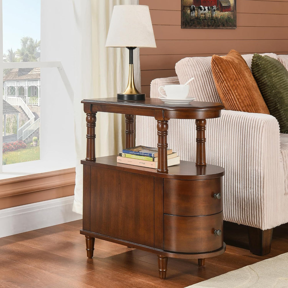 Biaco Solid Wood End Table with 2 Drawers & Shelf - Cherry Walnut Vintage...