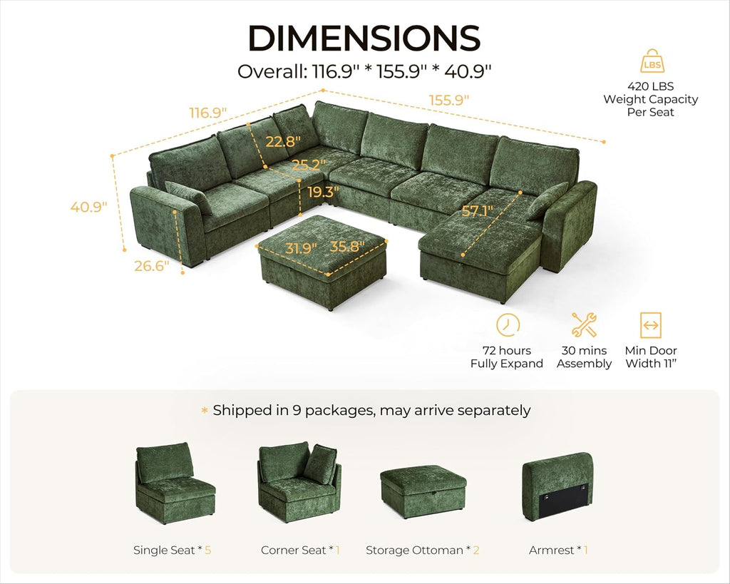 155.9'' Oversized Modular Sectional Sofa Plush Cloud Couch with Storage, Convertible Deep U-Shaped Couch with Chaises for Living Room, 6-Seater with Corner and 2 Ottomans, Chenille, Green