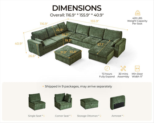 155.9'' Oversized Modular Sectional Sofa Plush Cloud Couch with Storage, Convertible Deep U-Shaped Couch with Chaises for Living Room, 6-Seater with Corner and 2 Ottomans, Chenille, Green