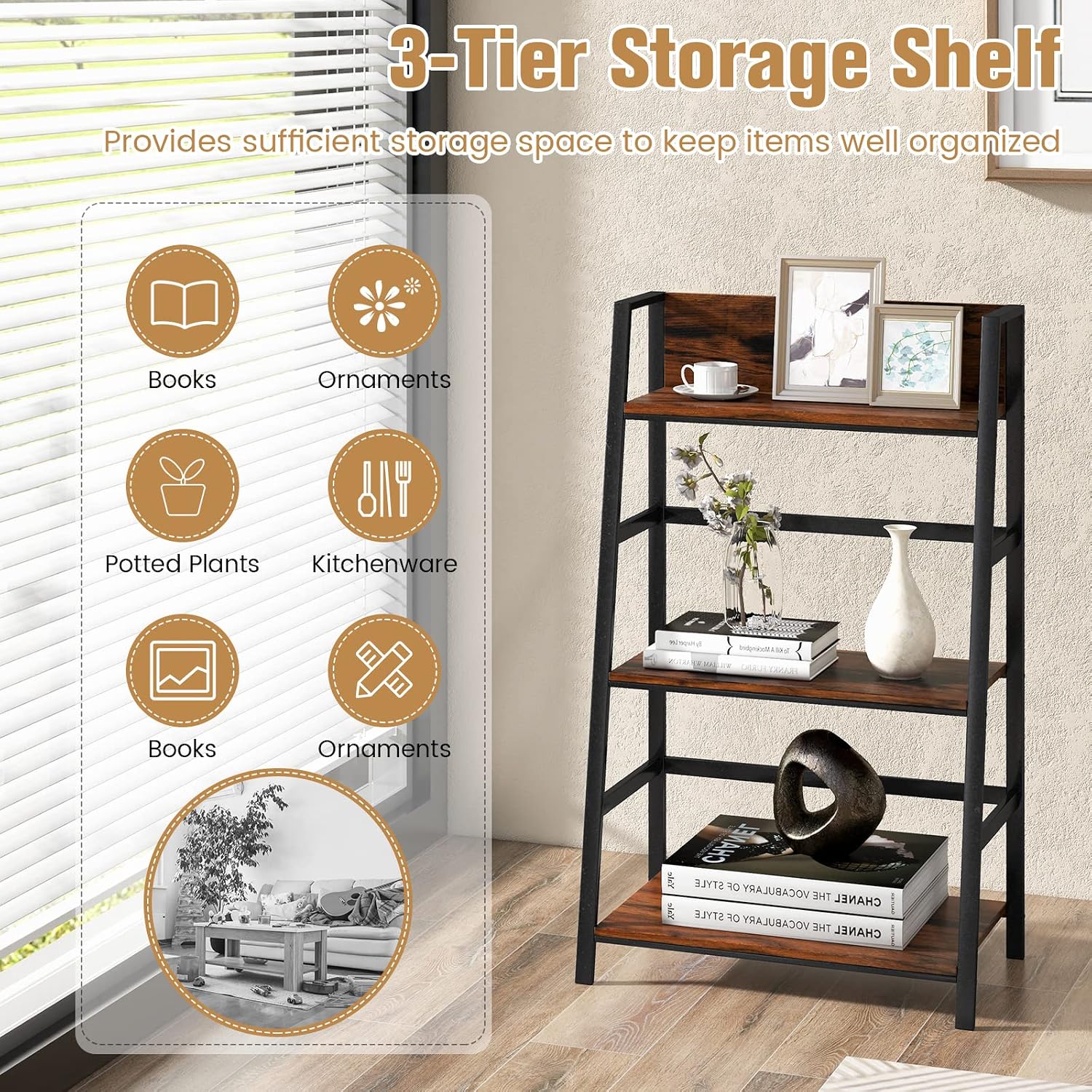 Tangkula 3-Tier Ladder Bookshelf, Industrial Wooden Bookcase w/Metal Frame, Anti-Toppling Device, Freestanding Display Shelf Plant Stand, Storage Rack for Home Office Living Room (1, 3-Tier)