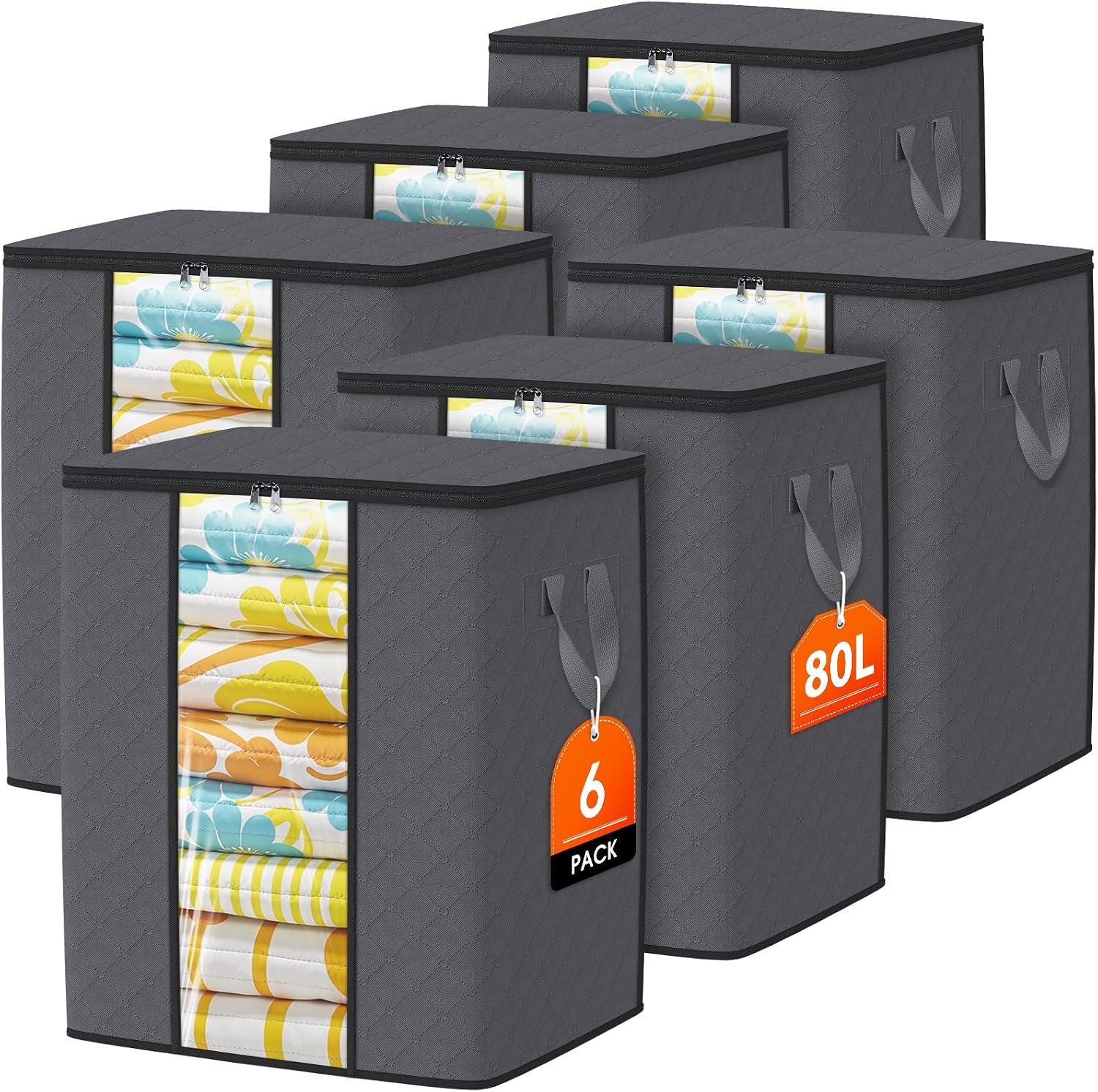 6 Pack Clothes Storage Bags 80L Blanket Storage Containers with Window Grey | Large Comforter Organizer for Closet, Bedding, Quilts, Sheets and Pillows, Foldable Storage Bags for Home Organization