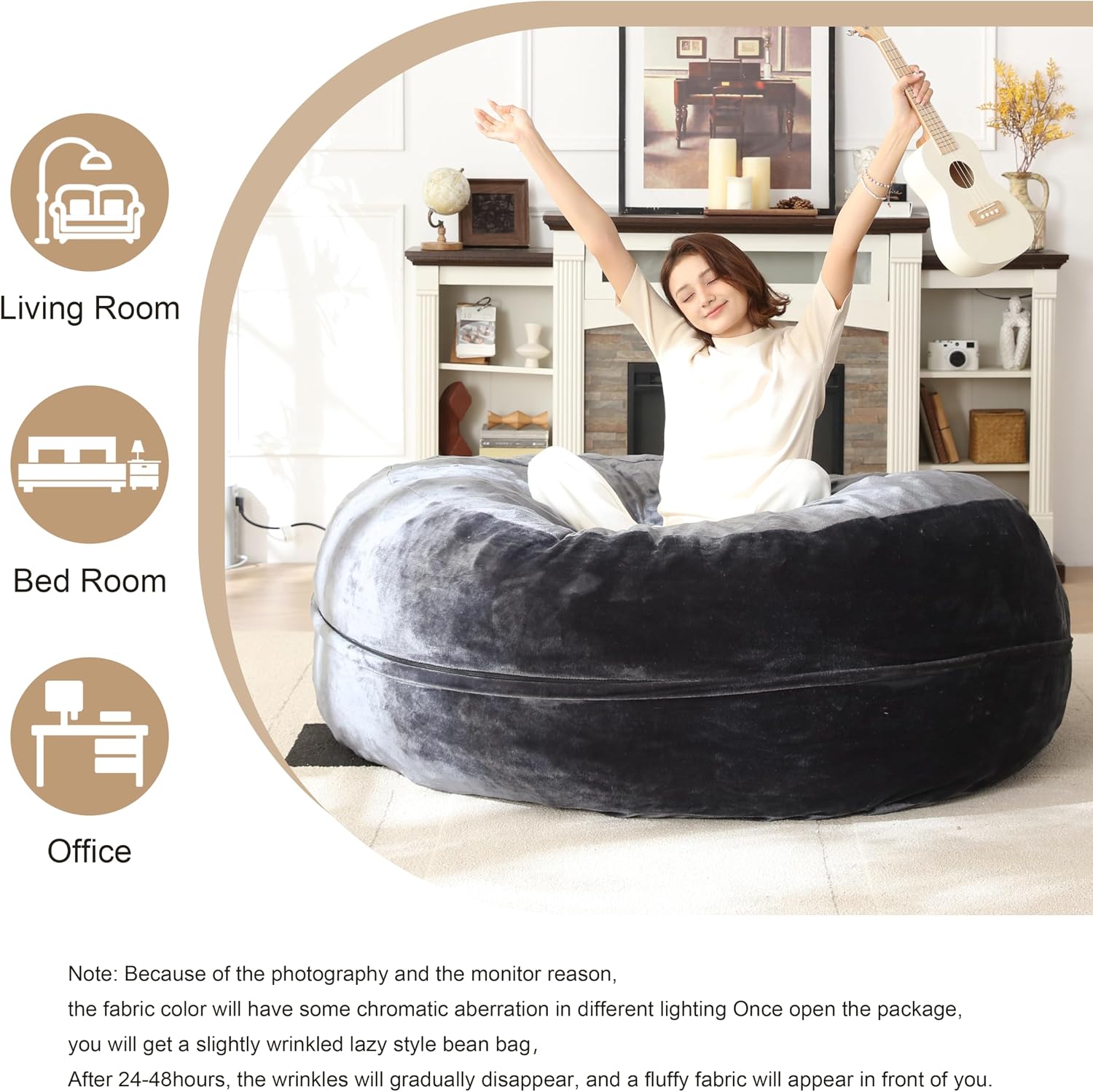 Bean Bag Chair for Adults Soft Comfy Bean Bag for Adults, Cozy Reading Chair, Large Round Bean Bag Couch, Versatile Living Room & Bedroom Chairs (Grey, 5FT)